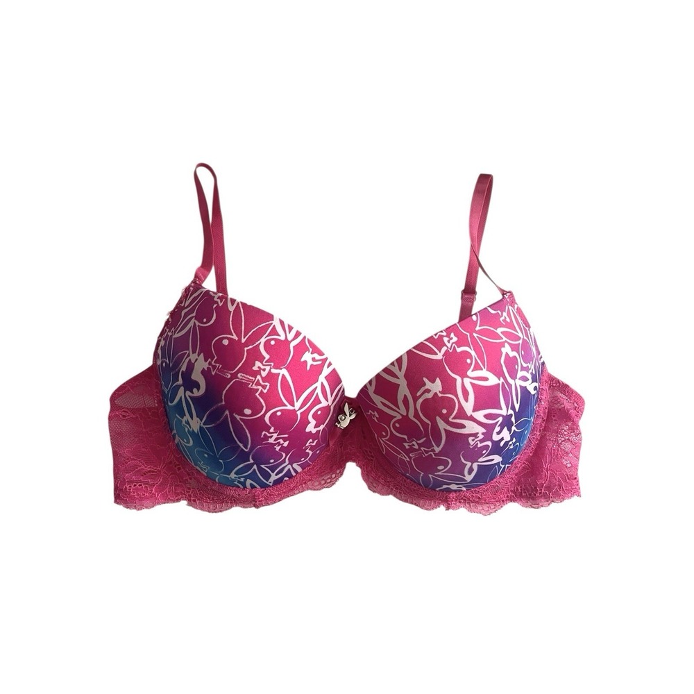 Y2k Playboy Intimates Bunny Logo‎ Underwire Pink Blue Lace Push Up Sz 36C Sexy